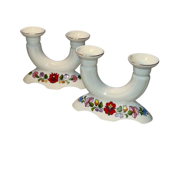 Kalocsa Hungary Handpainted Double Candle Holder Pair Floral Gold Trim Porcelain - Picture 11 of 11